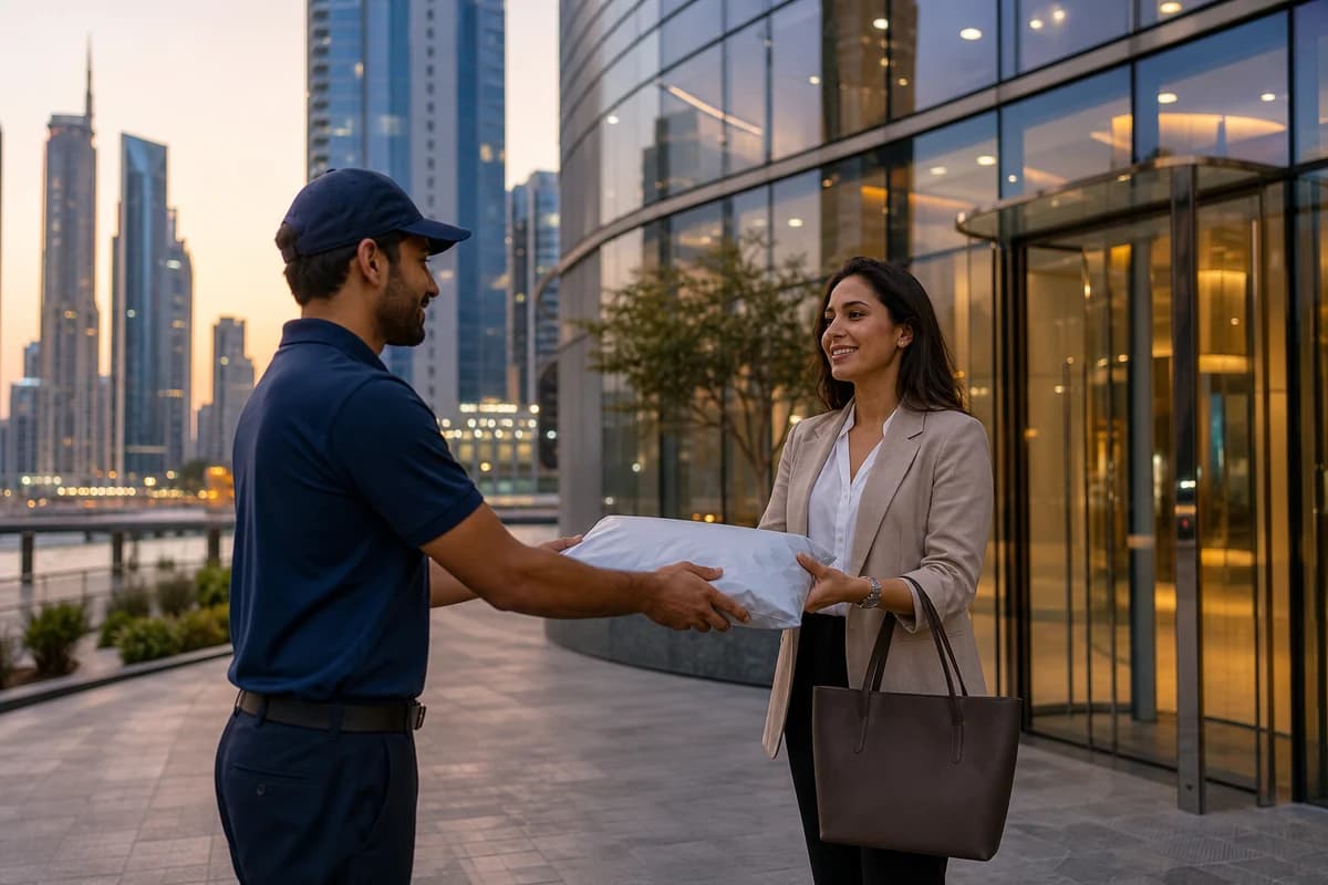 Finished designer tote returned in protective packaging outside a Business Bay office tower at dusk