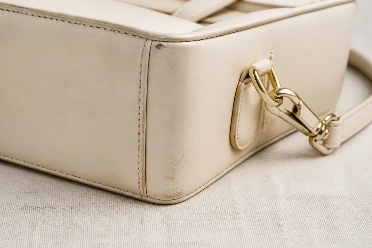 Close-up of structured leather tote corners and gold hardware prepared for bag pickup and delivery Dubai