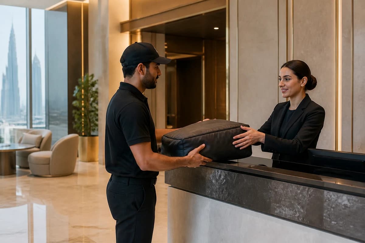 Office lobby reception accepting a soft courier case for bag cleaning DIFC collection