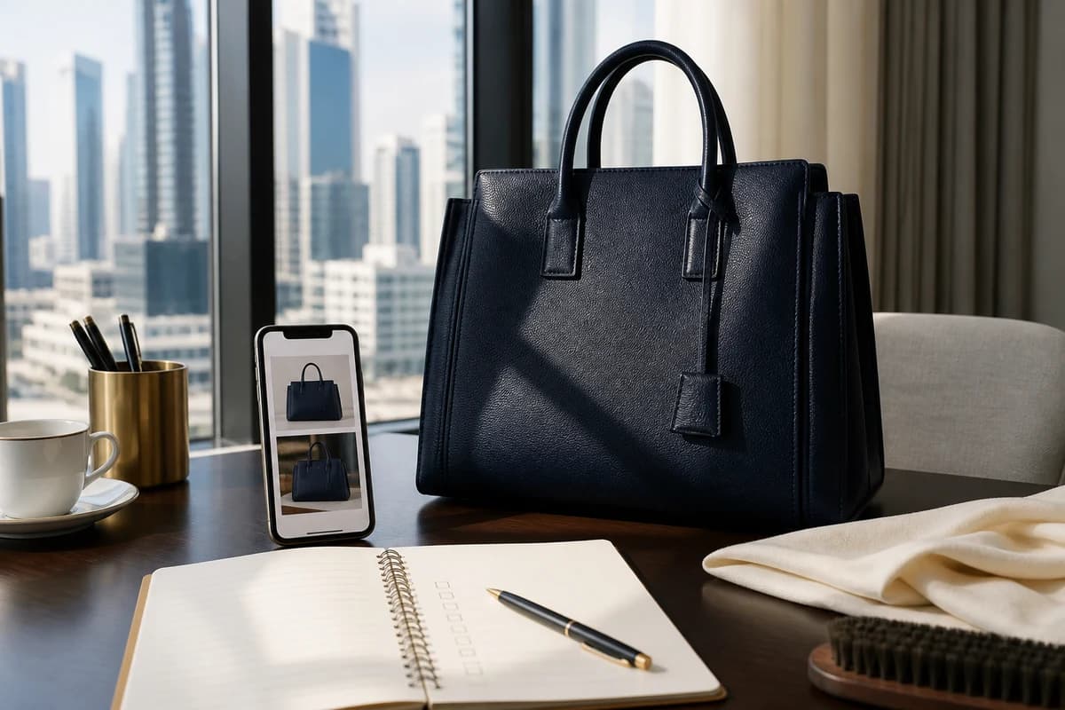 Dubai care consultation desk with structured handbag, smartphone photo set, and notebook for service choice