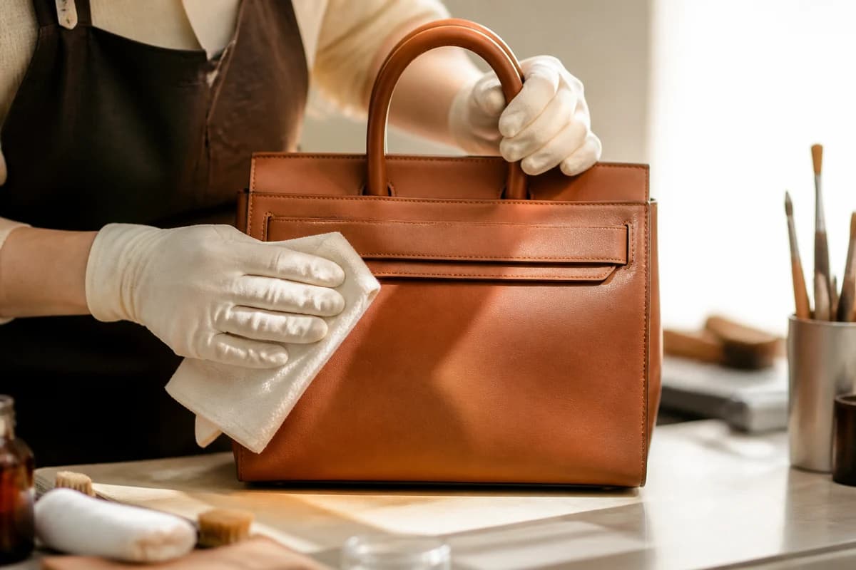 Technician cleaning a structured leather handbag exterior during bag cleaning vs restoration Dubai assessment