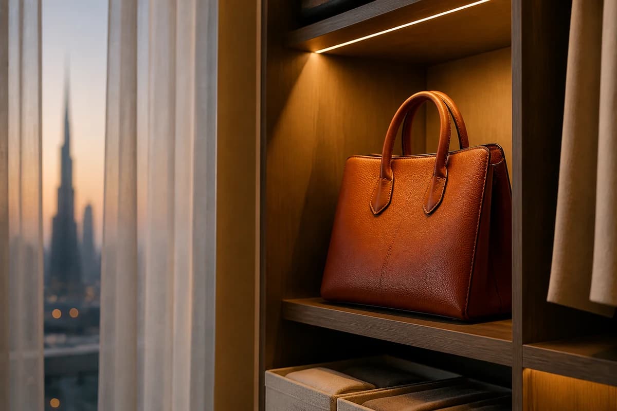 Restored cognac leather handbag stored upright in a Dubai wardrobe after colour restoration