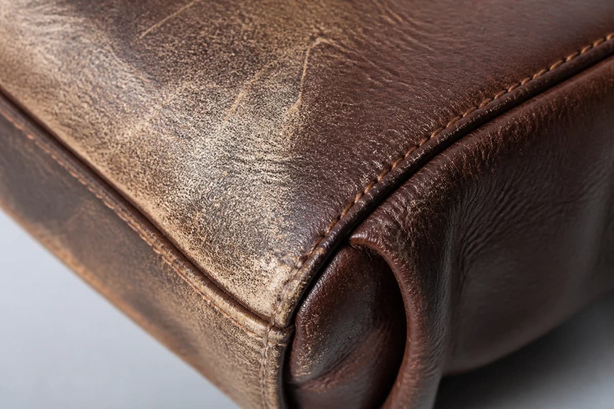 Macro of faded leather bag corner beside revived colour after bag colour restoration Dubai