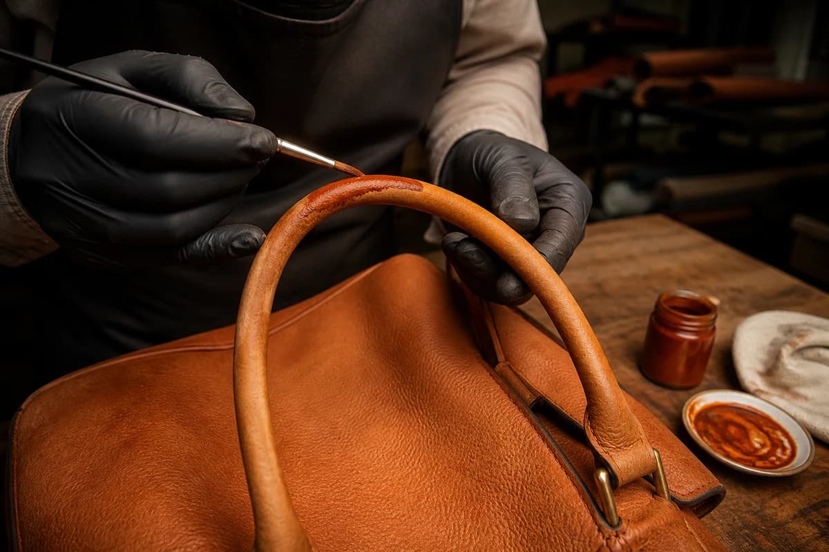 Technician applying matched pigment during bag colour restoration Dubai on a faded leather handle