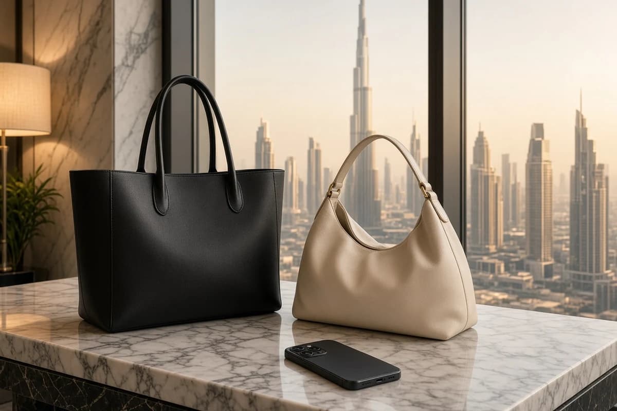 Two handbags on a marble console by Dubai windows prepared for a bag restoration photo quote Dubai