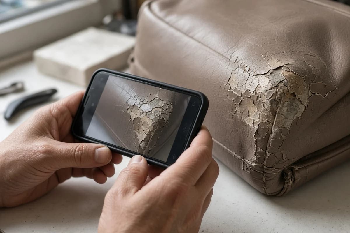 Hands photographing a worn bag corner and edge paint for a bag restoration photo quote Dubai