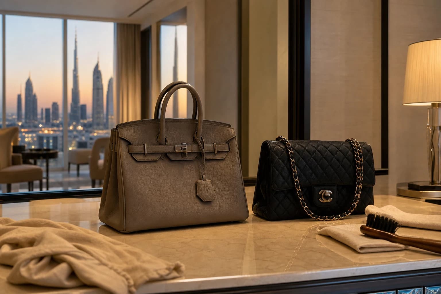 Luxury handbag styled on a Dubai villa console awaiting care assessment