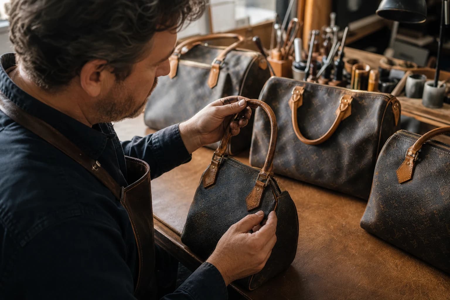 Atelier cleaning the interior lining of a structured designer bag in Dubai