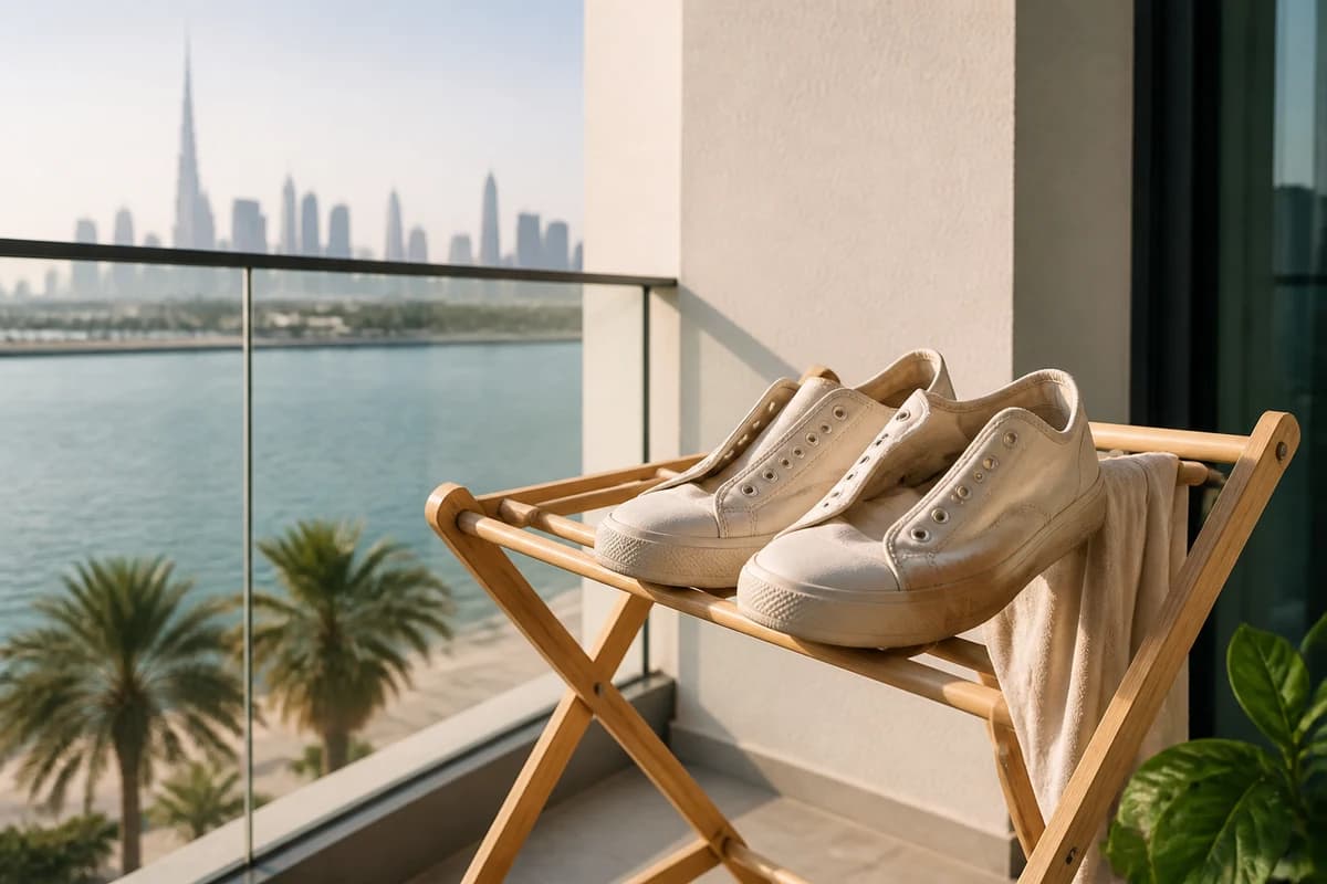 Clean cream canvas sneakers drying in shade on a Dubai balcony rack after stain-safe care