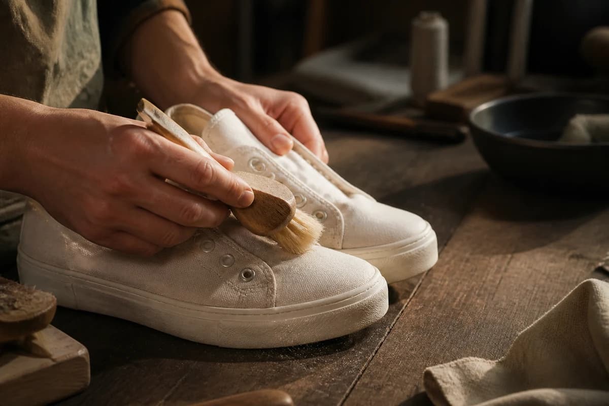 Soft brush lifting dry grit from cream canvas sneakers before canvas shoe cleaning Dubai stain treatment