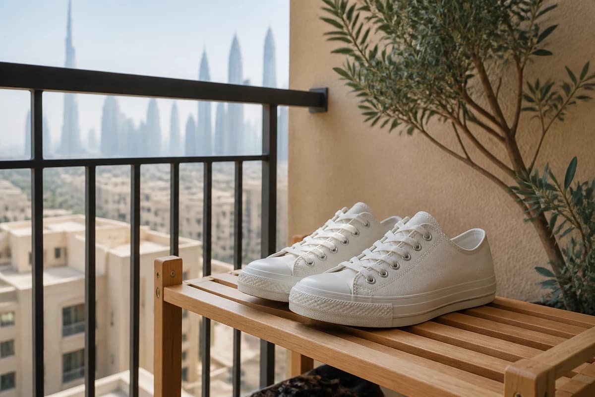 Clean canvas sneakers drying on a shaded Dubai balcony rack after canvas sneaker cleaning Dubai