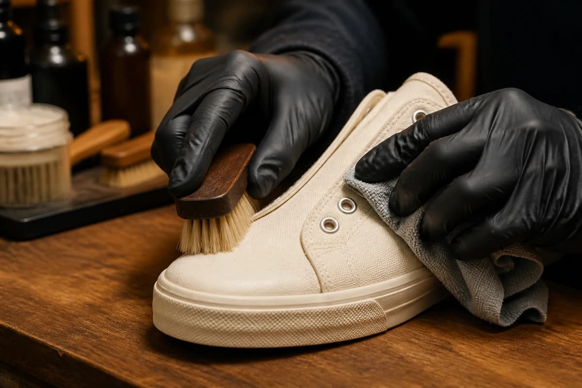 Soft brush and microfibre spotting during canvas sneaker cleaning Dubai on a cream canvas trainer vamp