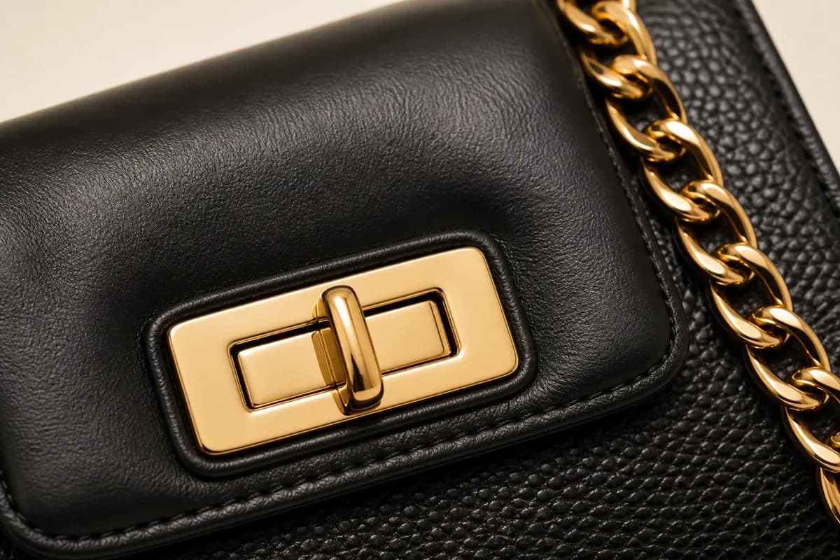Gold-tone chain and clasp detail beside smooth and pebbled leather during designer bag cleaning Dubai