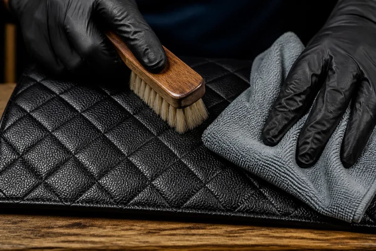Technician brushing black pebbled caviar-style leather during Chanel bag cleaning Dubai