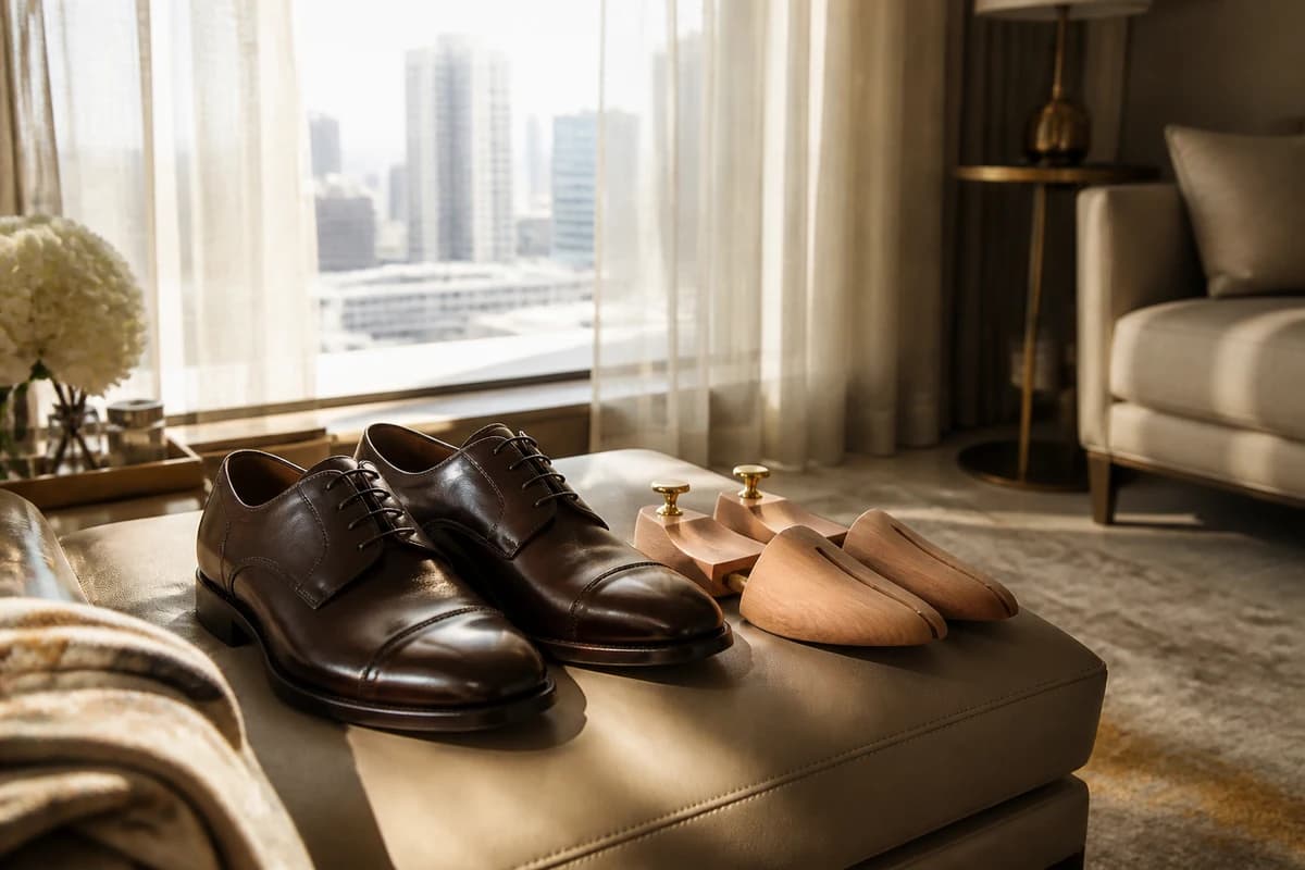 Leather derbies with a shoe tree by a bright Dubai apartment window after cracked leather shoe repair Dubai