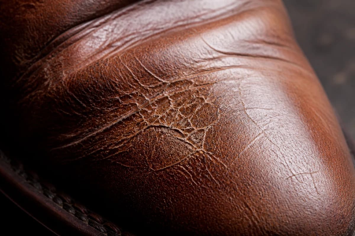 Macro of dry cracked leather grain and fibrous flex lines before cracked leather shoe repair Dubai