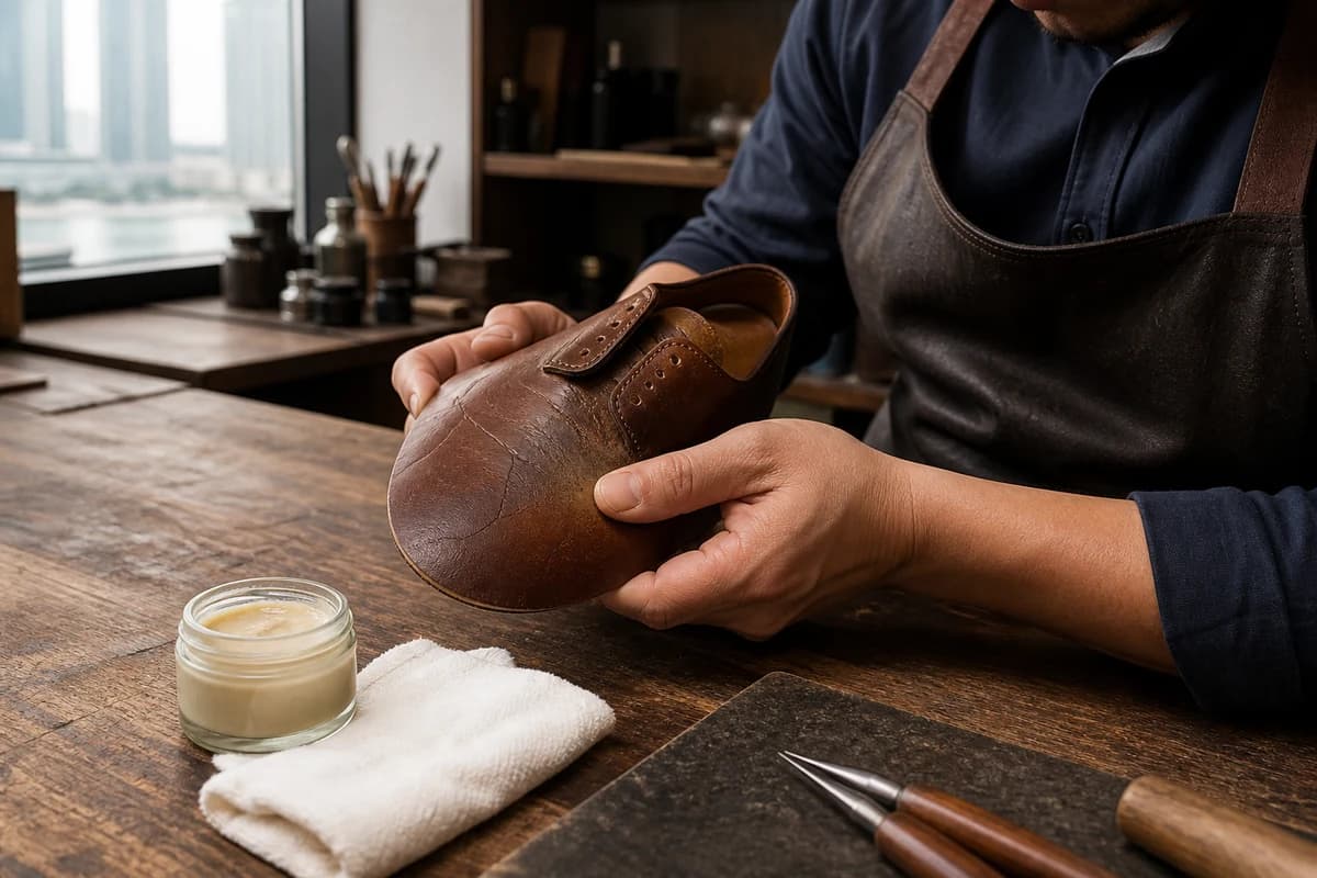 Craftsperson assessing cracked leather shoe repair Dubai on a dry brown dress shoe at an atelier bench