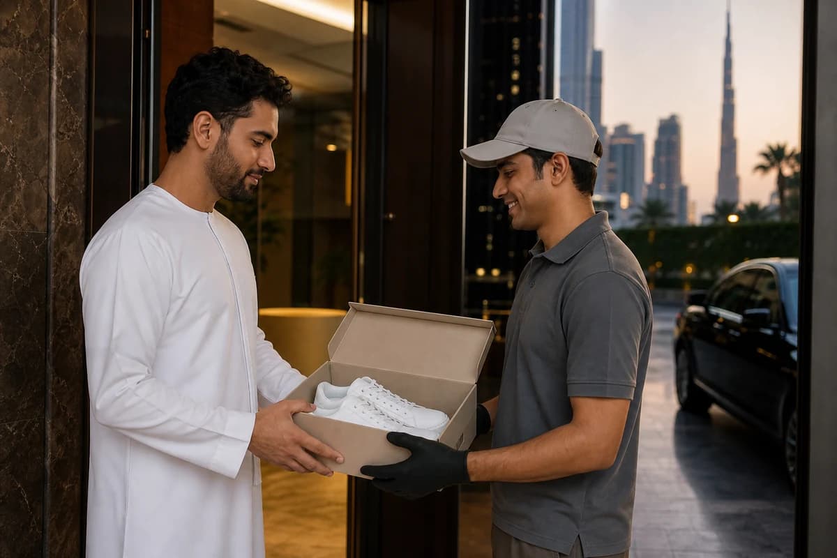 Doorstep return of cleaned sneakers illustrating door to door shoe cleaning Dubai lifestyle