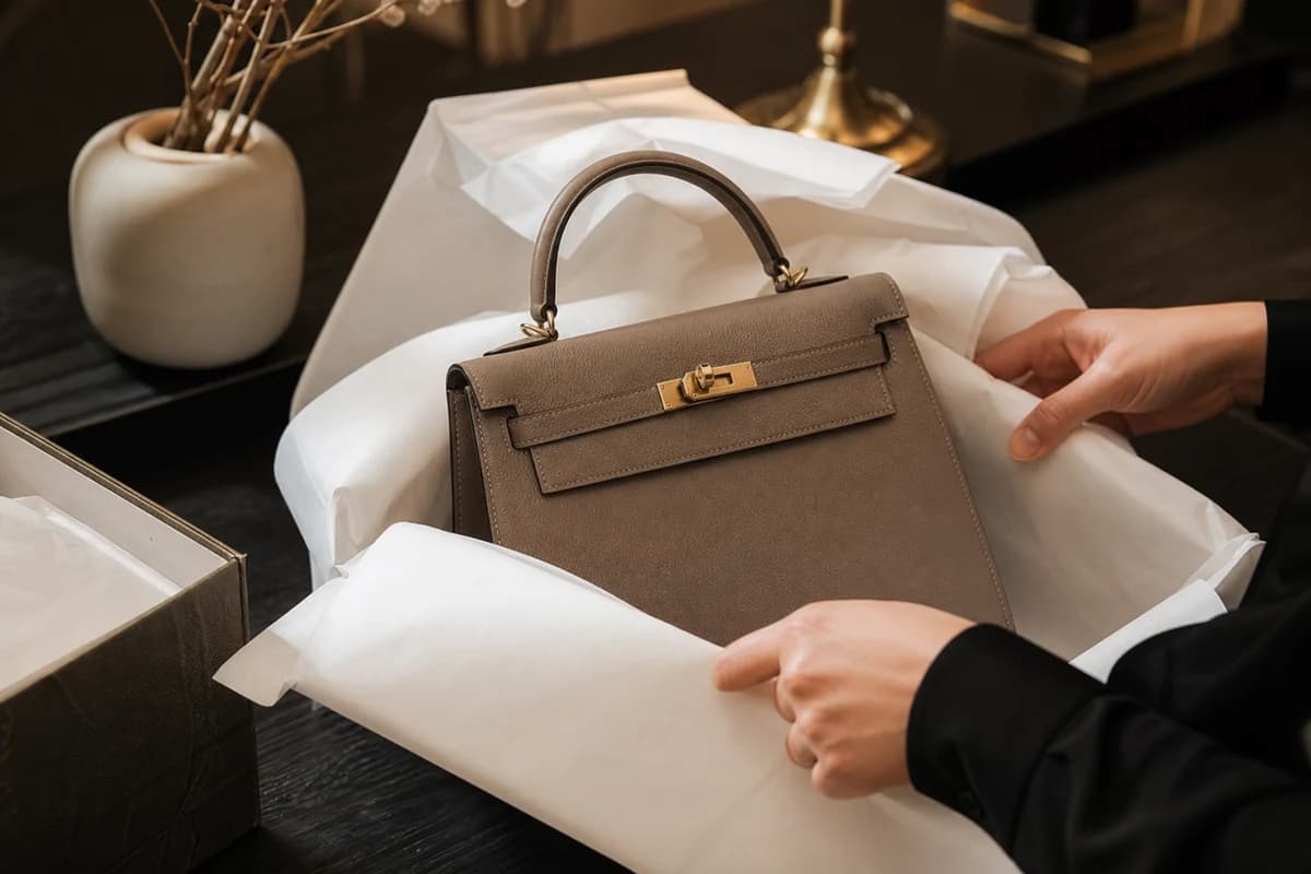 Luxury bag prepared for bag pickup and delivery Dubai in protective wrapping