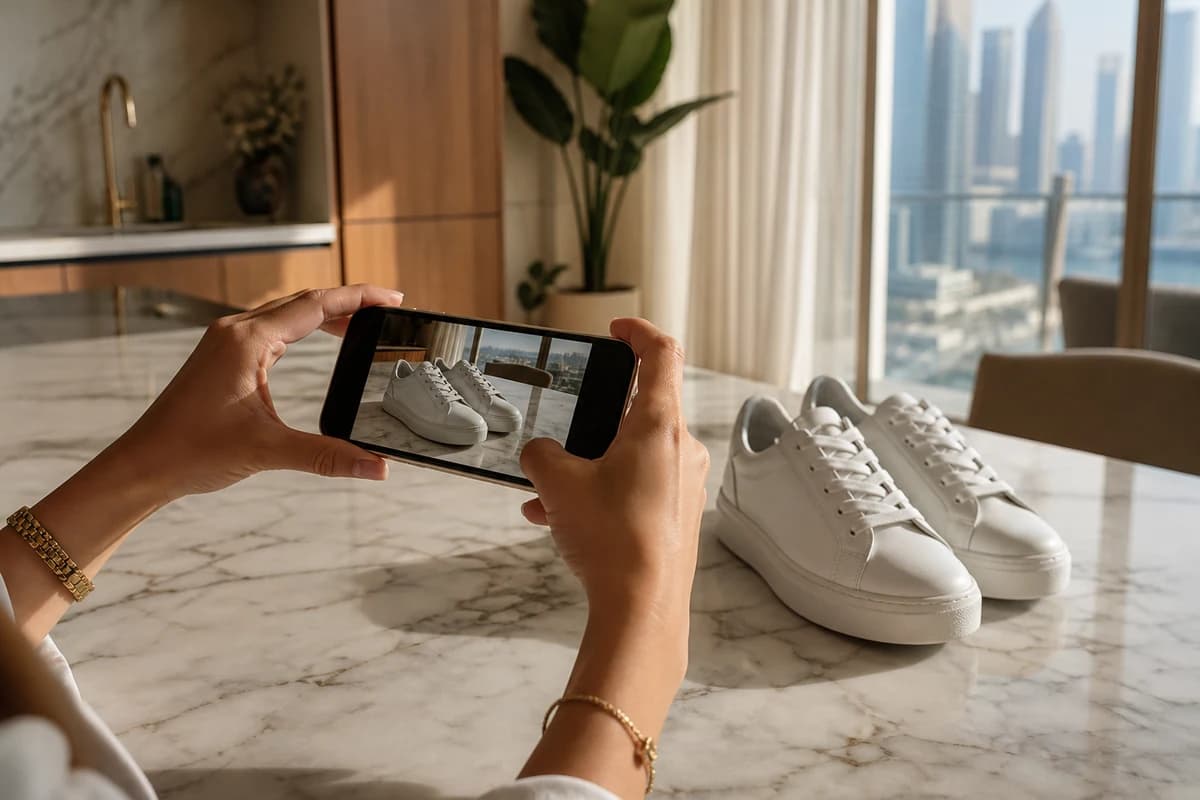 Customer sending sneaker photos on a phone for shoe and bag pickup Dubai quote