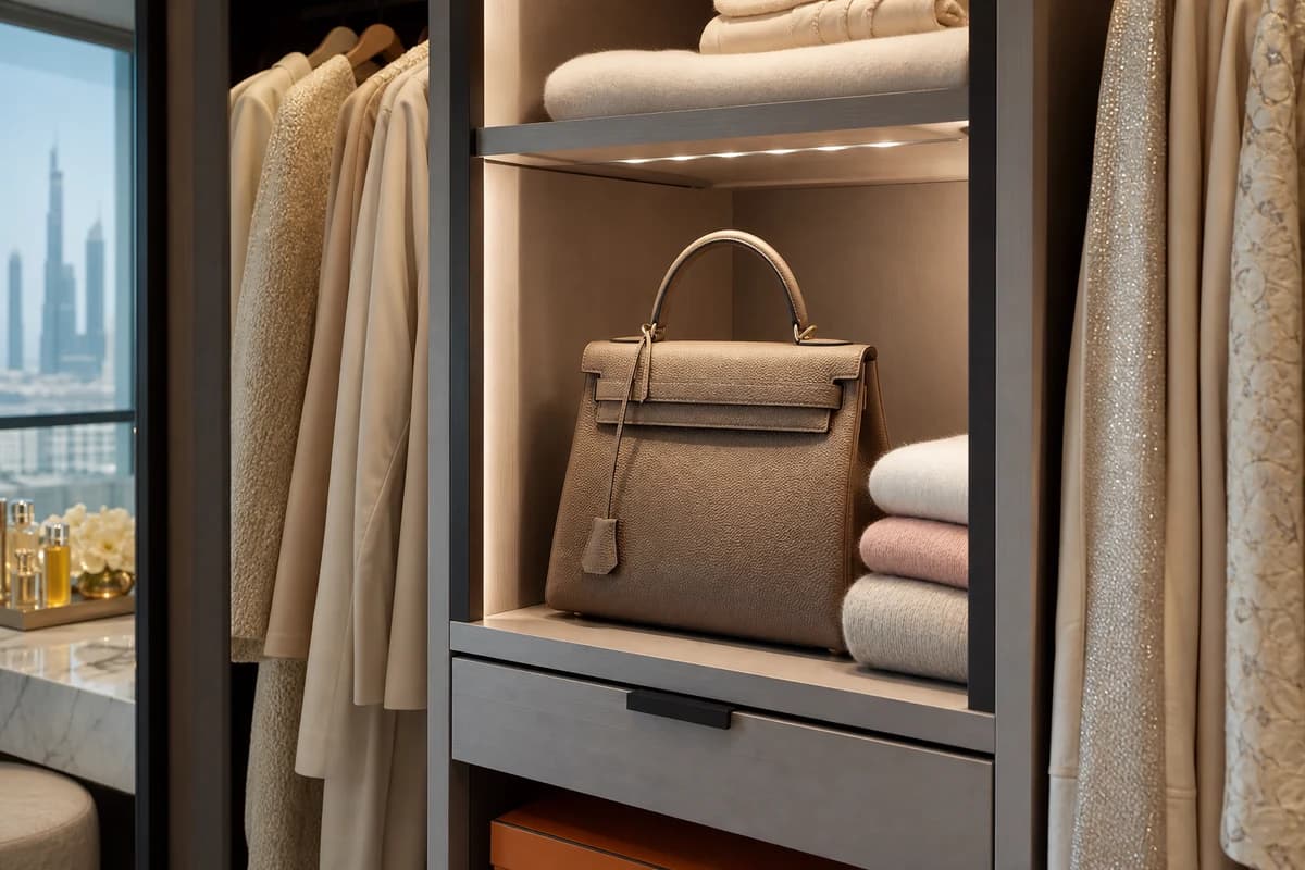 Refreshed luxury handbag stored upright in a Dubai apartment wardrobe after interior cleaning