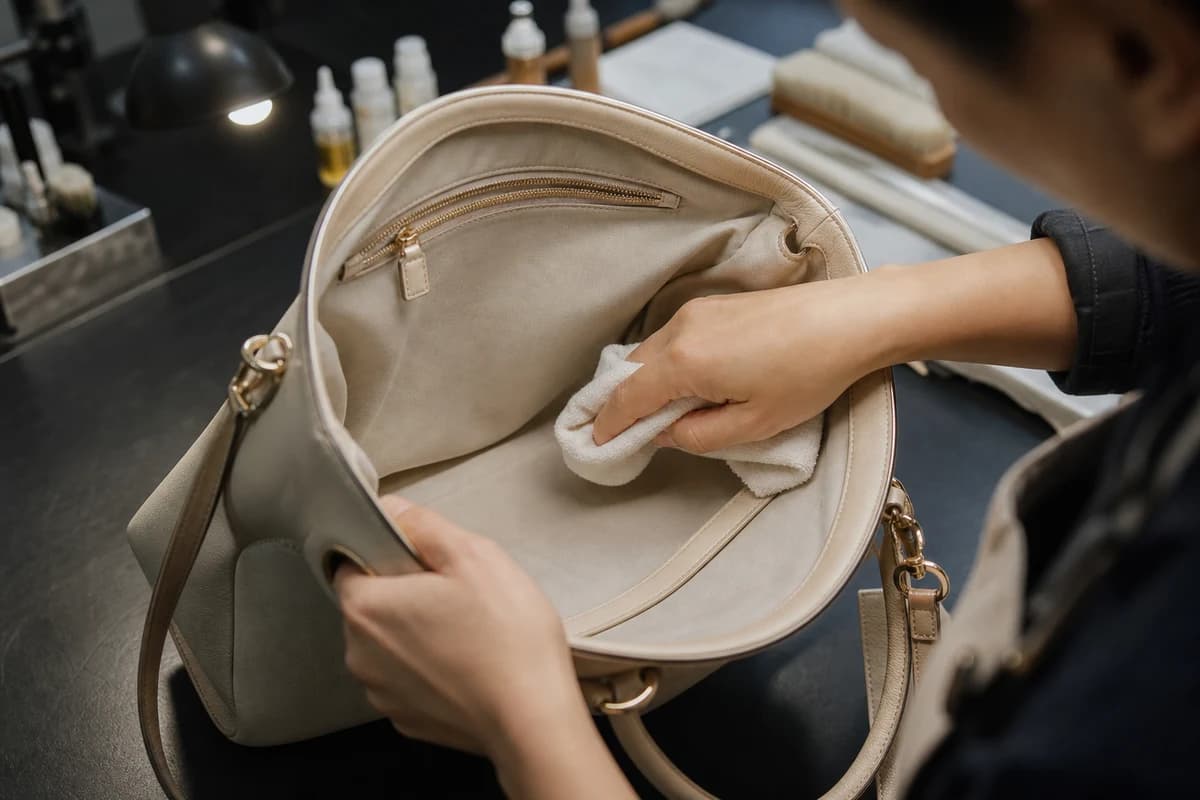 Atelier technician performing handbag interior cleaning Dubai on a soft fabric lining