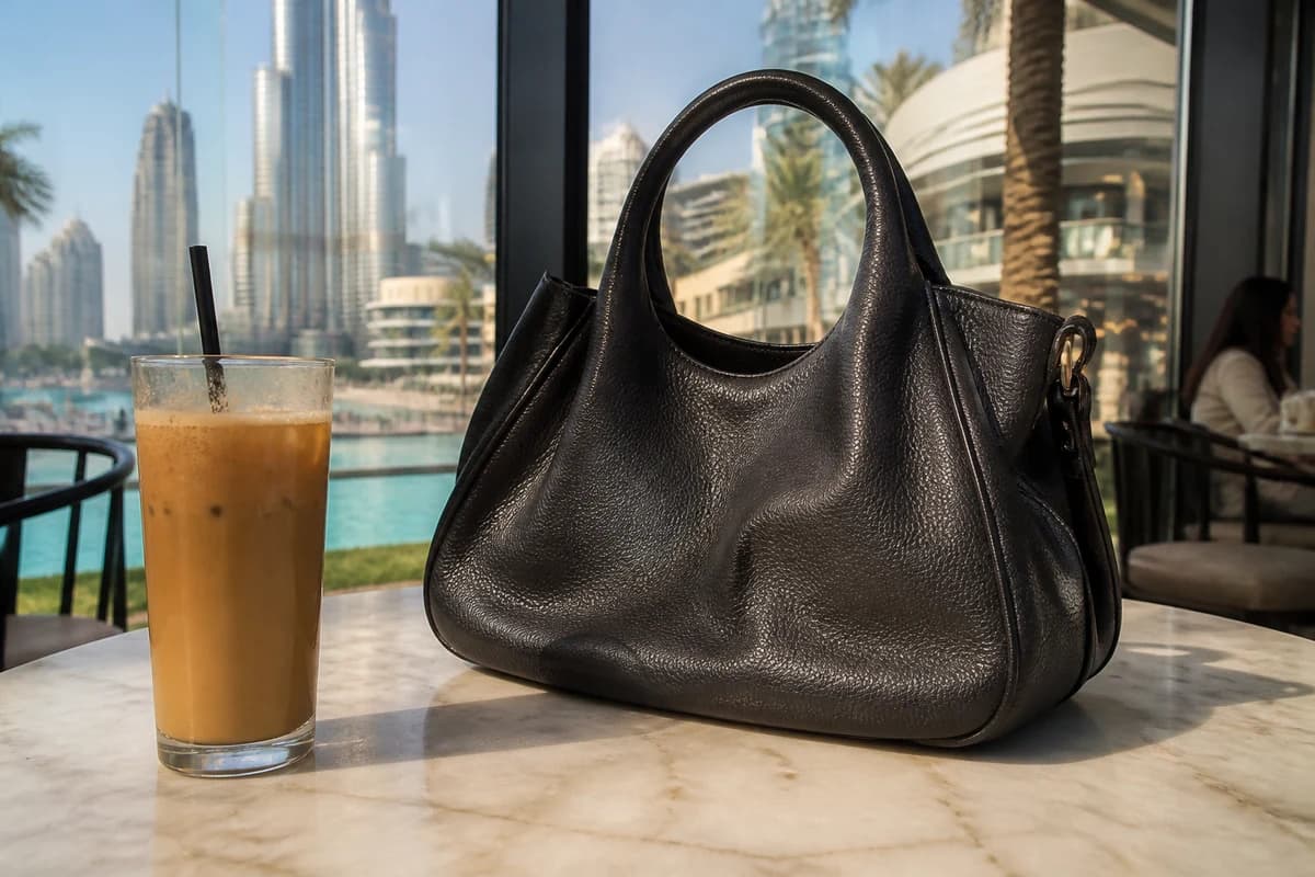Black leather day bag on a Dubai café marble table beside iced coffee where stains often start