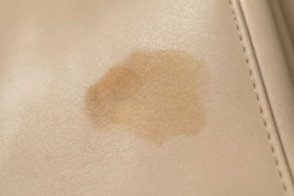 Macro of oil and foundation stain halo on cream calf leather before handbag stain removal Dubai