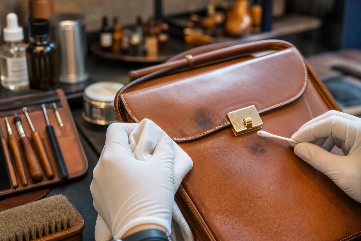 Technician assessing a makeup stain on cognac leather during handbag stain removal Dubai