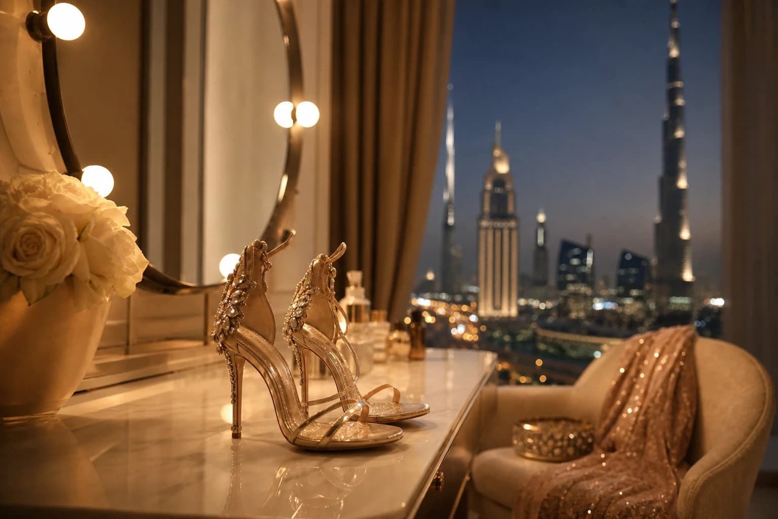Designer heels on a Dubai evening table after heel tip replacement and finish check