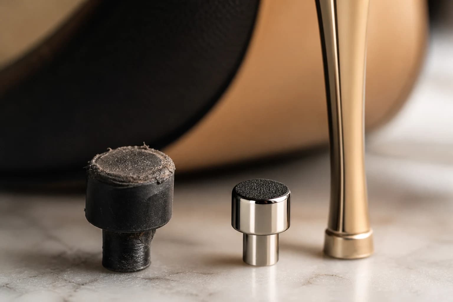 Close-up of worn designer heel tip metal pin exposed before heel tip replacement Dubai