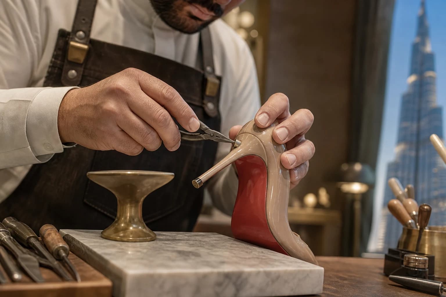 Bench technician seating a new heel tip during professional shoe repair Dubai
