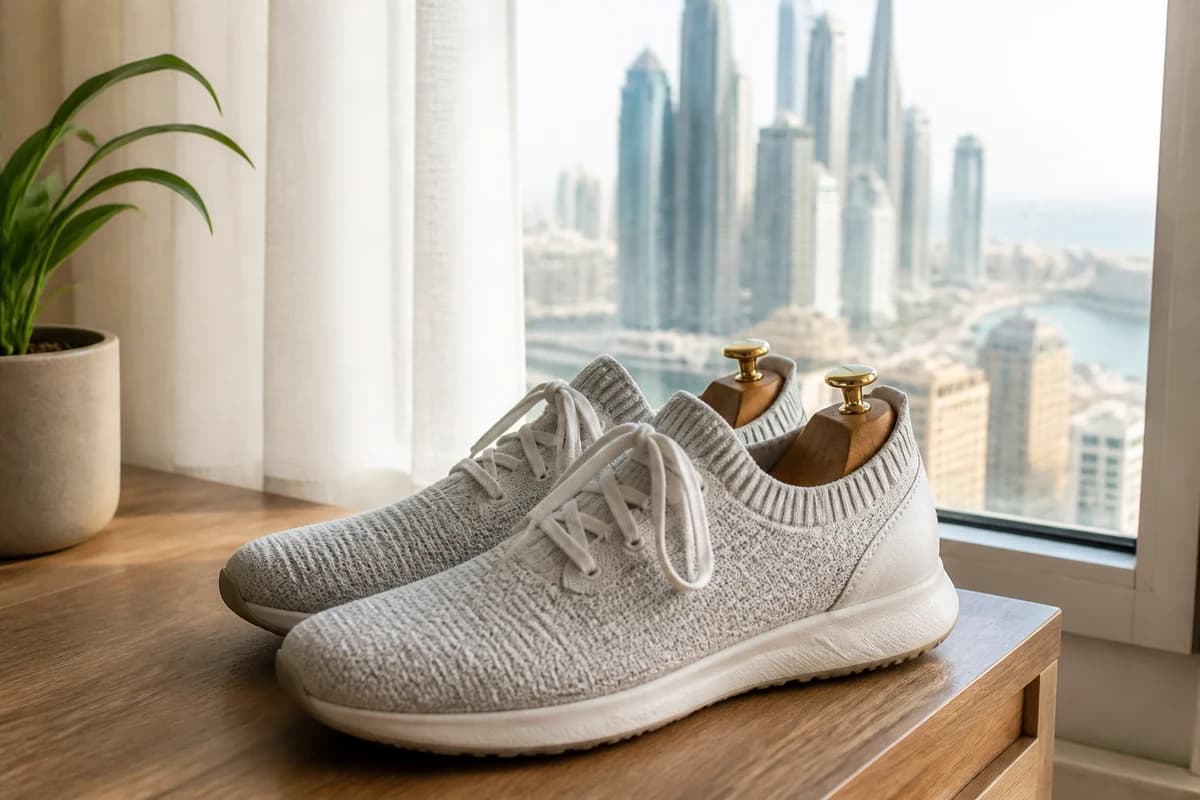 Clean knit trainers on shoe trees by a bright Dubai apartment window after knit shoe cleaning Dubai