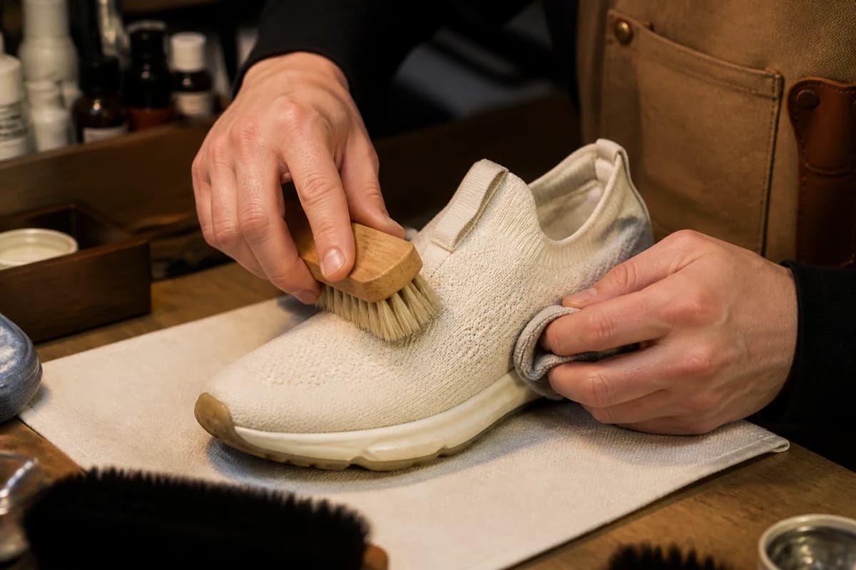 Soft brush and microfibre used for knit shoe cleaning Dubai on a cream stretch upper