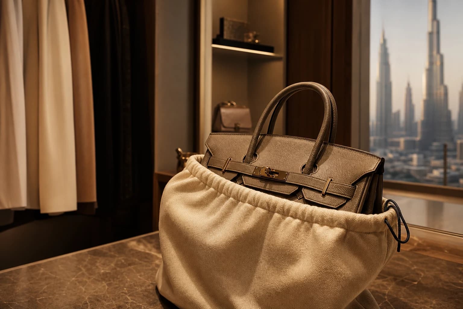 Luxury leather handbag stored in a breathable dust bag in a Dubai dressing room