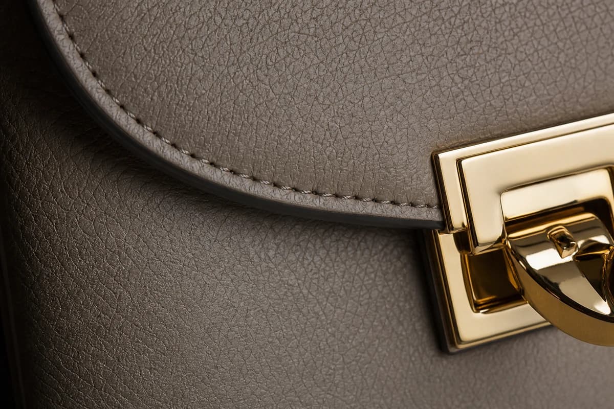 Close-up of leather grain and hardware during leather handbag cleaning Dubai