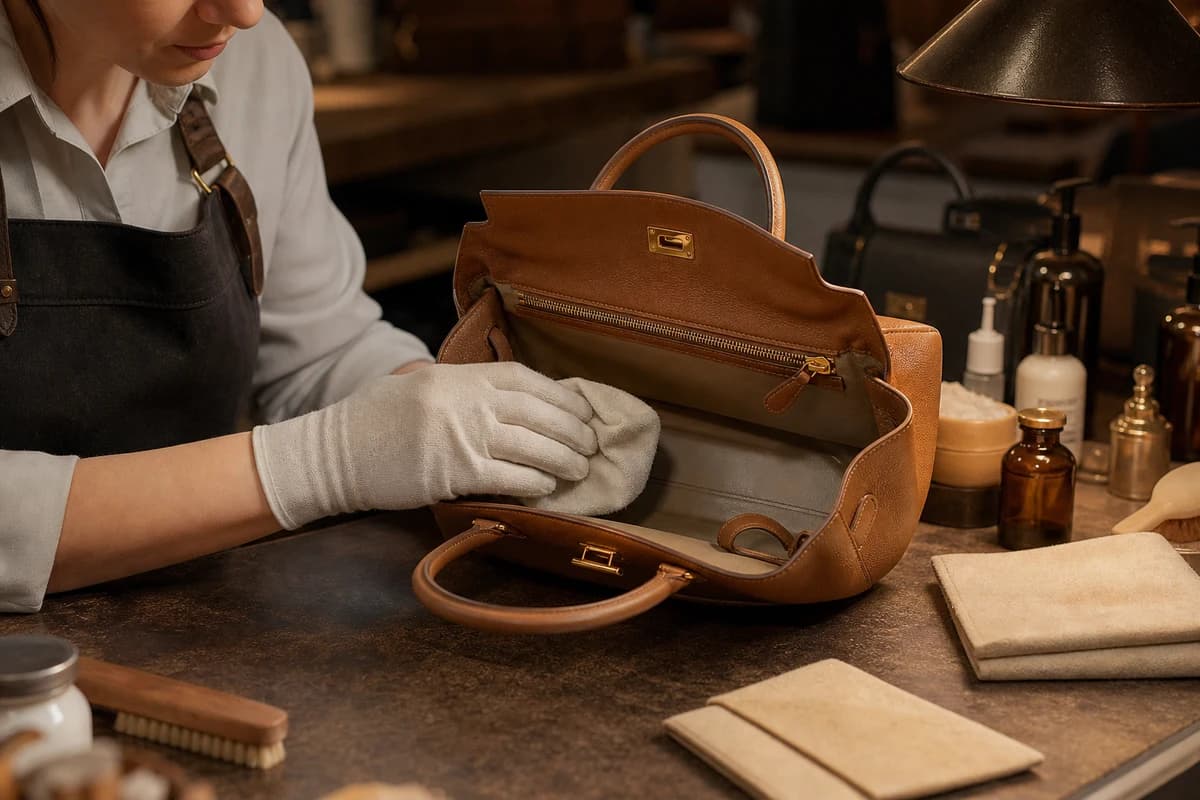 Specialist emptying and cleaning the interior of a leather handbag during designer bag cleaning Dubai