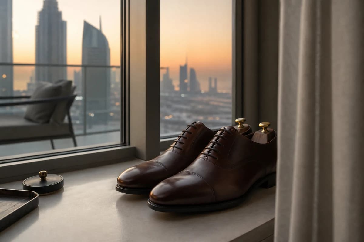 Conditioned leather shoes beside a Dubai apartment window with soft evening light