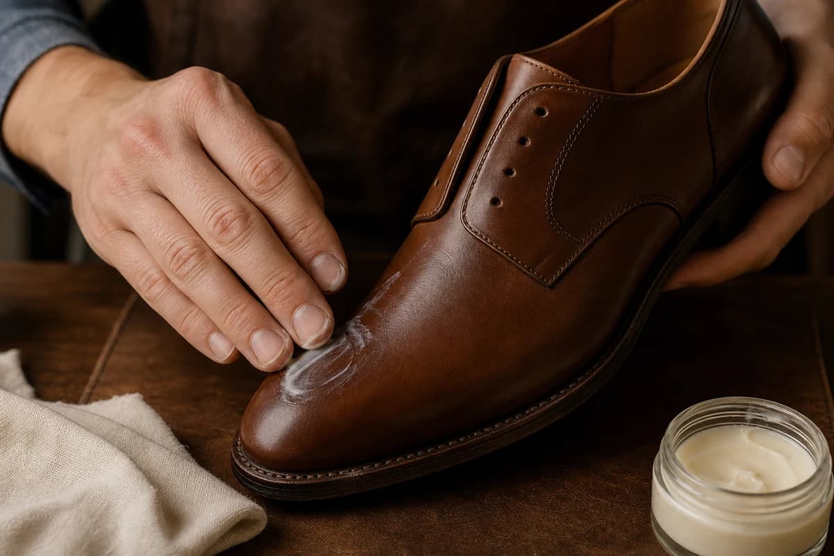 Hands applying leather shoe conditioning Dubai cream in a thin even layer on calf leather