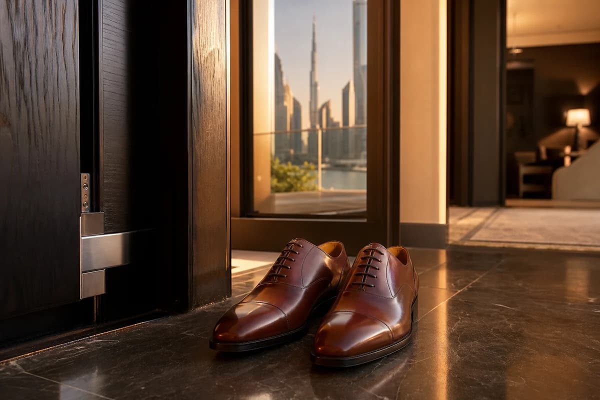 Restored leather dress shoes ready for a Dubai evening after scuff repair
