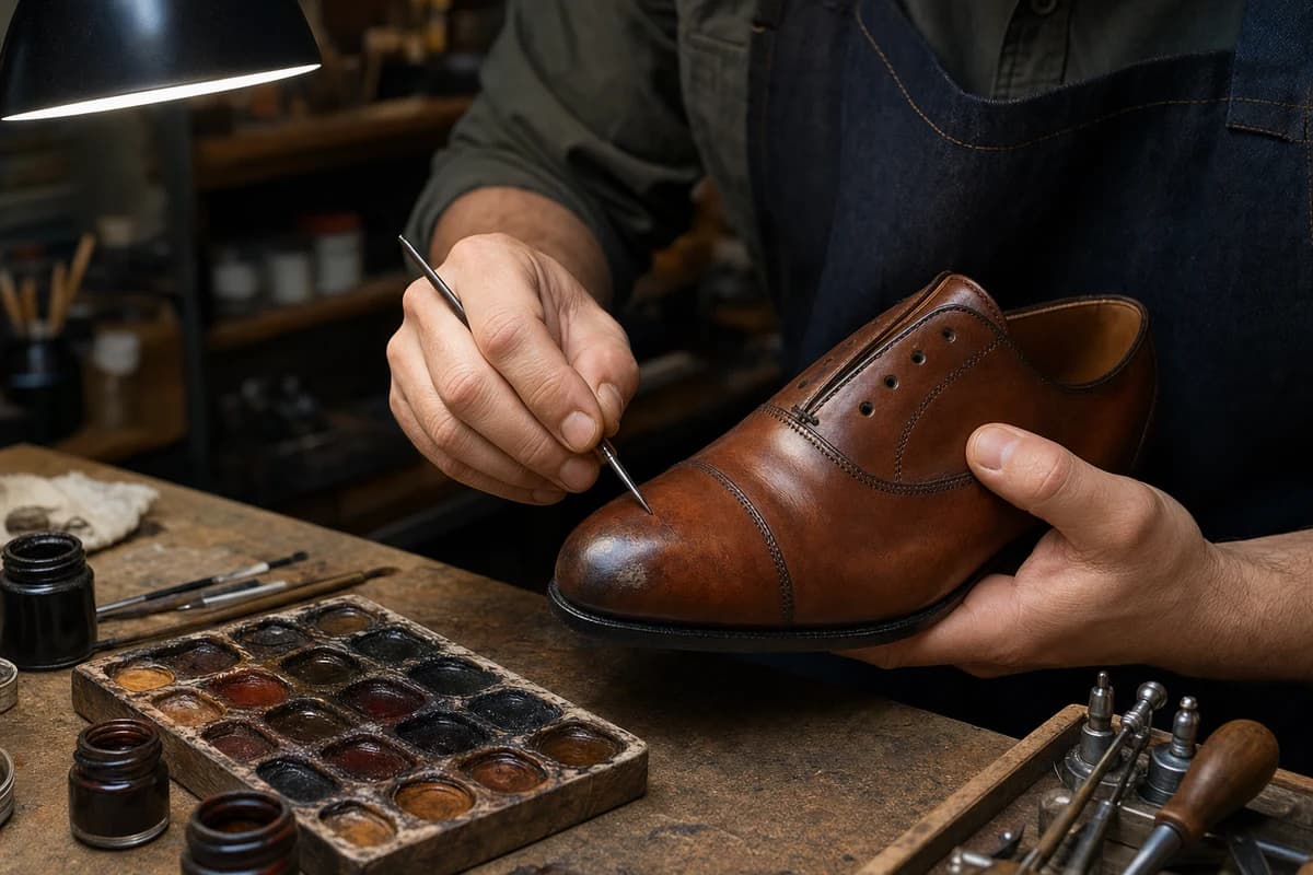 Technician performing leather shoe scuff repair Dubai with careful colour matching on a toe cap