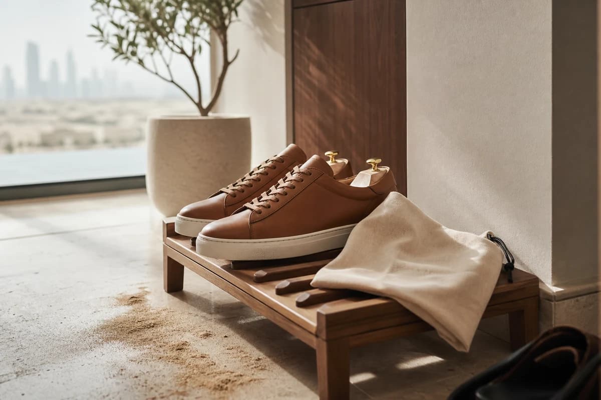Leather sneakers stored with shoe trees in a Dubai apartment entry after cleaning