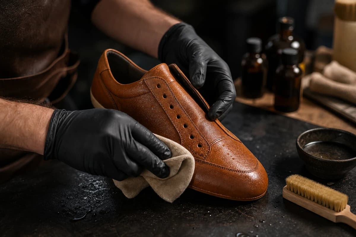 Technician performing leather sneaker cleaning Dubai with soft brush and cloth on cognac leather