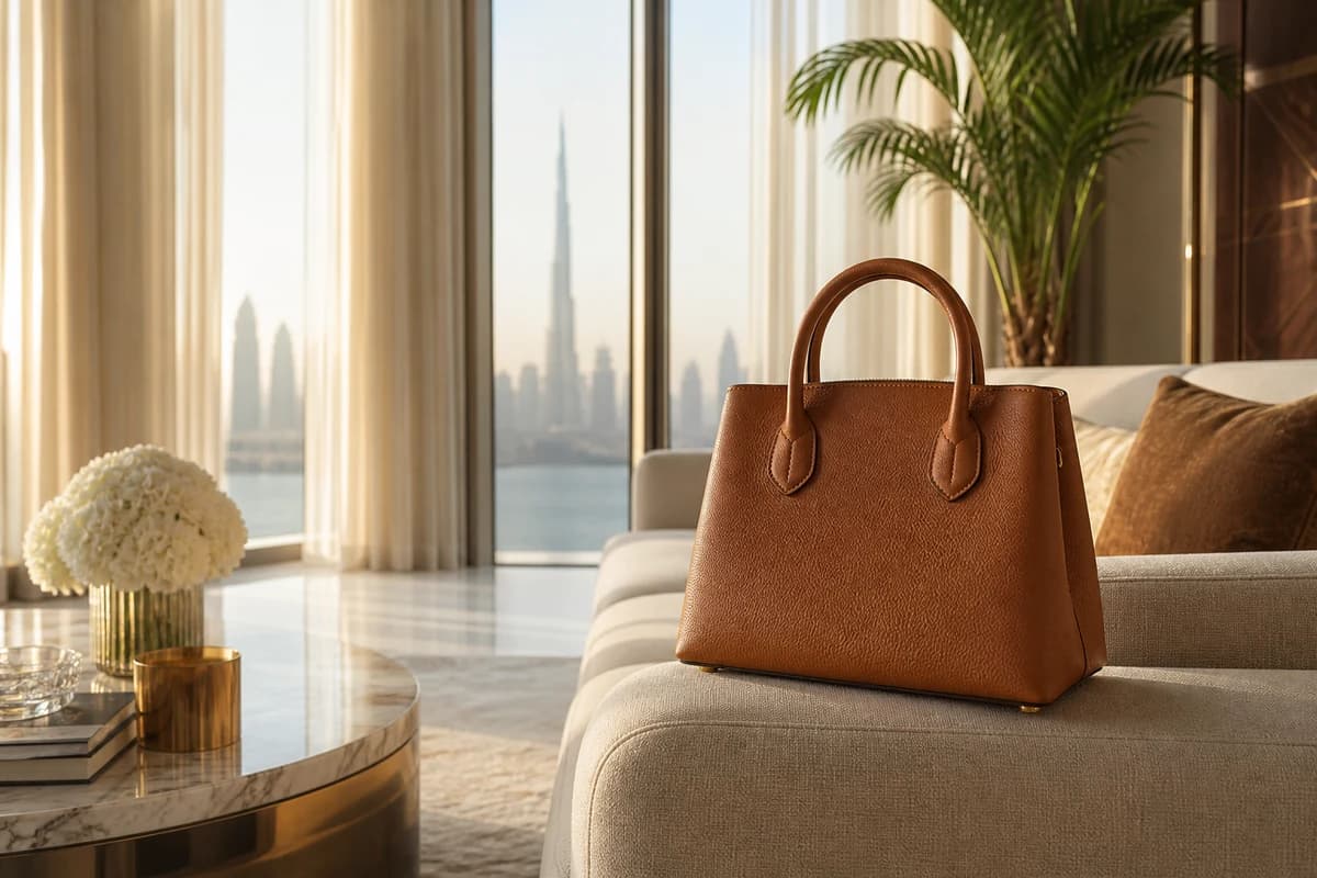 Luxury handbag resting in a sunlit Dubai residence after professional cleaning assessment