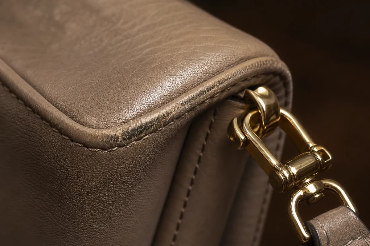 Close-up of handbag corner and hardware during designer bag assessment in Dubai