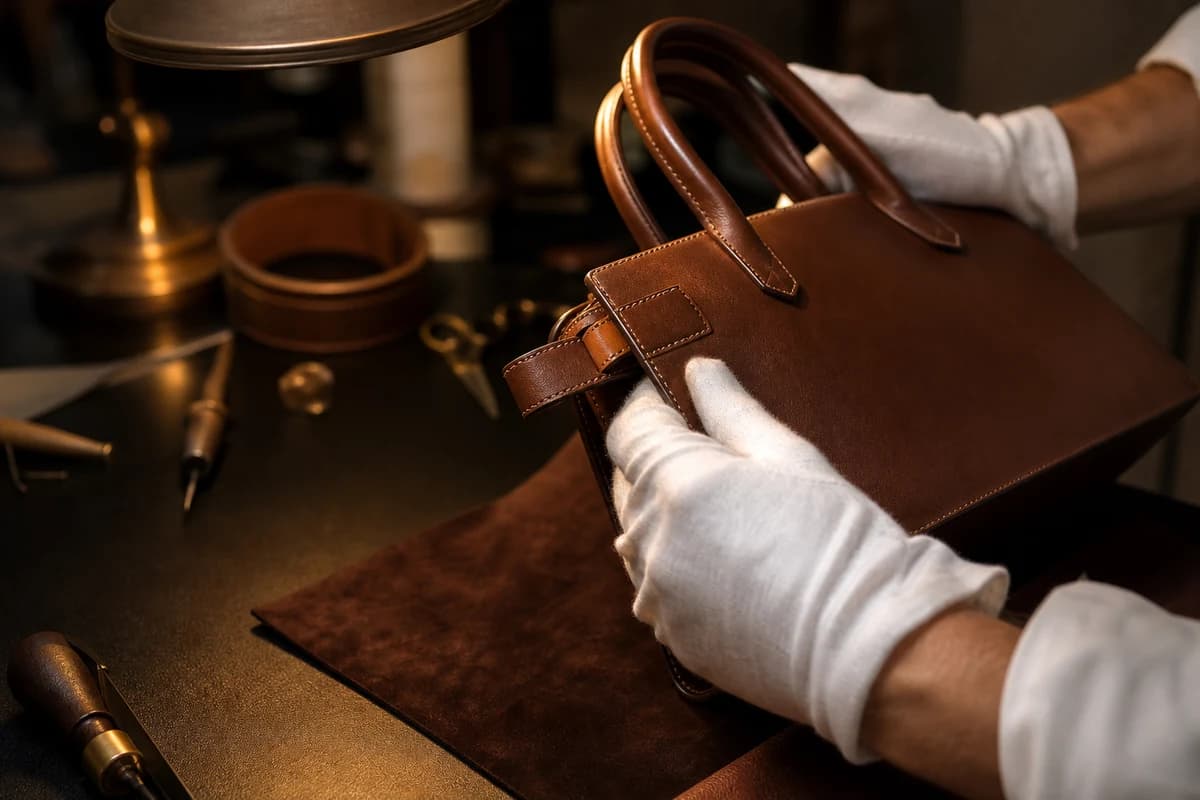 Atelier specialist assessing a structured leather handbag for luxury bag cleaning Dubai