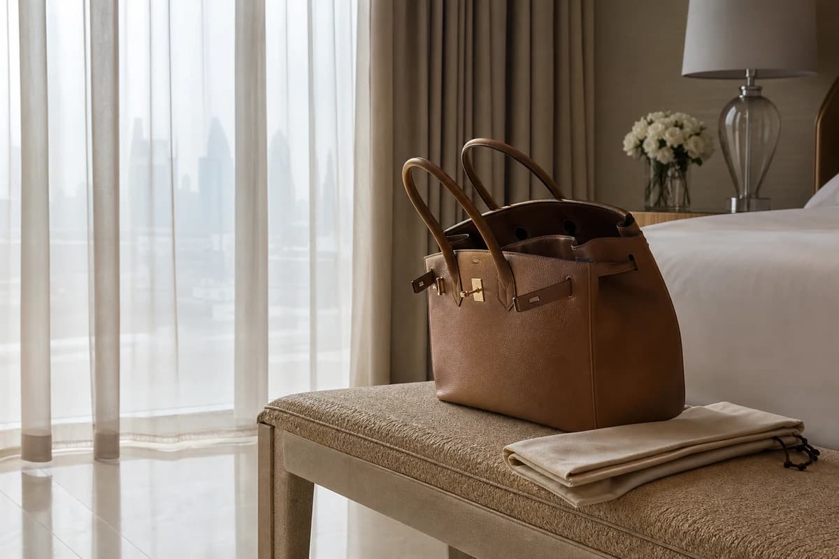 Luxury leather handbag airing open near soft daylight after odor removal care in Dubai
