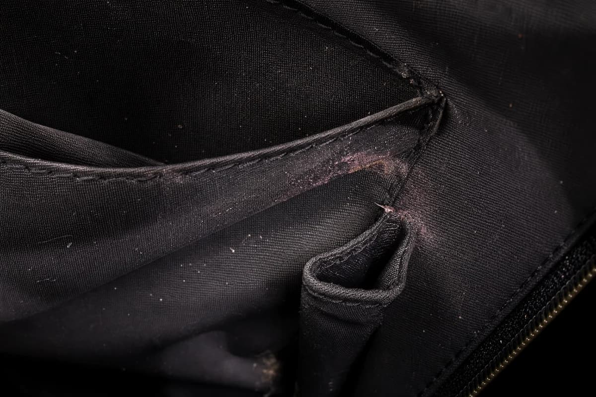 Close-up of handbag lining pocket seam where odour-holding dust and makeup residue collect