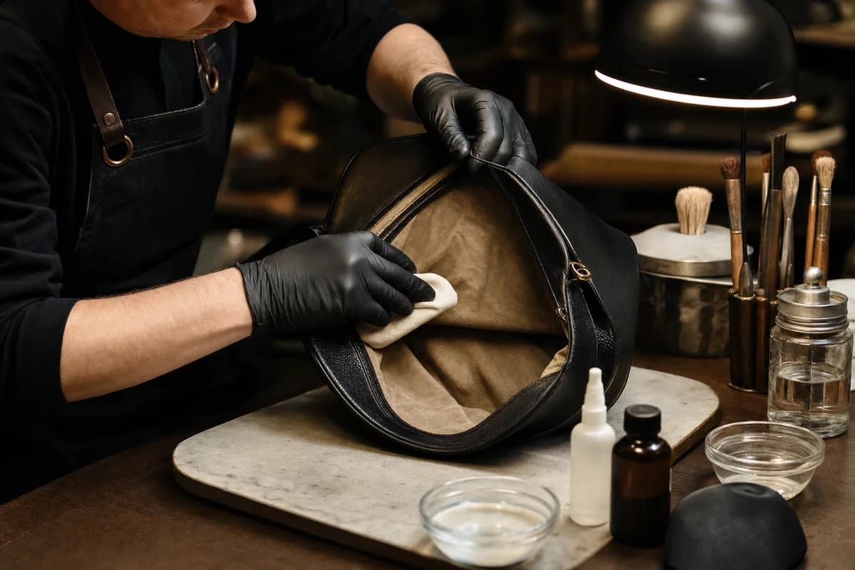 Atelier technician performing luxury bag odor removal Dubai care on a designer handbag lining