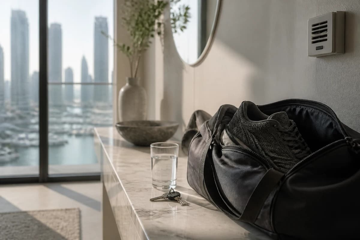 Knit running sneakers packed for a sneaker cleaning service Dubai pickup beside a Dubai apartment gym bag